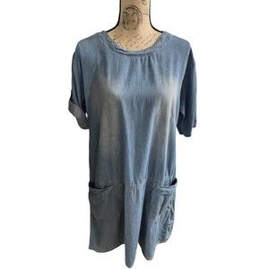 Denim Tunic Sheath Dress Shift Dress Relaxed Pockets Light Denim Boat Neck